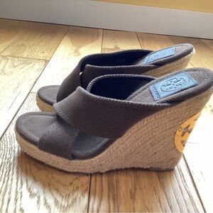 Tory Burch Brown Canvas Wedge Espadrille Sandals with Gold Logo